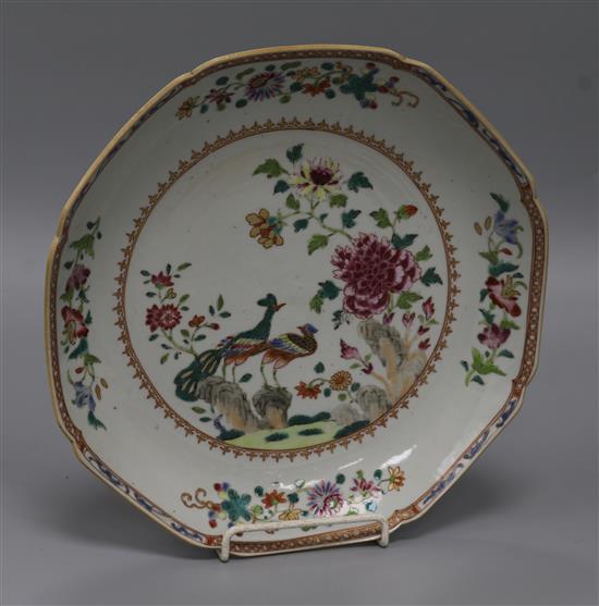 A Chinese export famille rose double peacock octagonal dish, Qianlong period, width 24.5cm